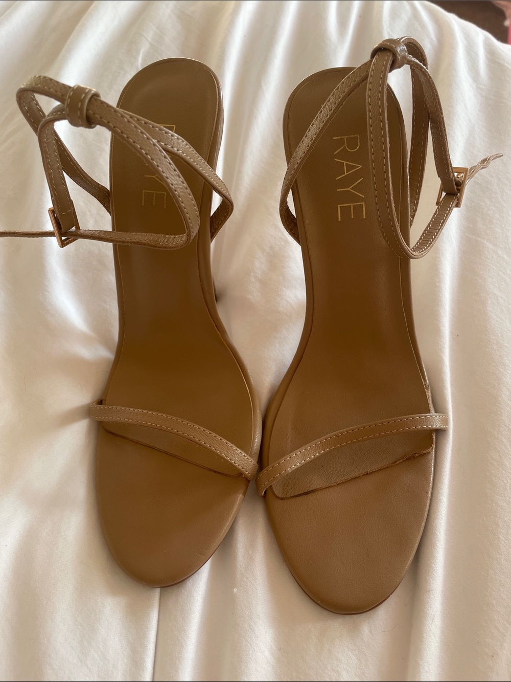 RAYE Brown Thin‑Strap Ankle Wrap nude Heels